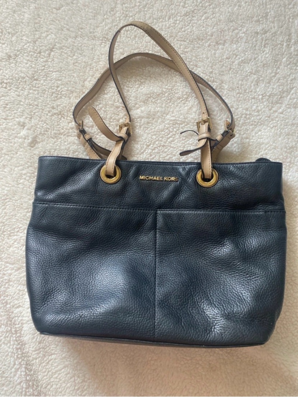 Michael Kors Black Leather Shoulder Tote with Tan Straps